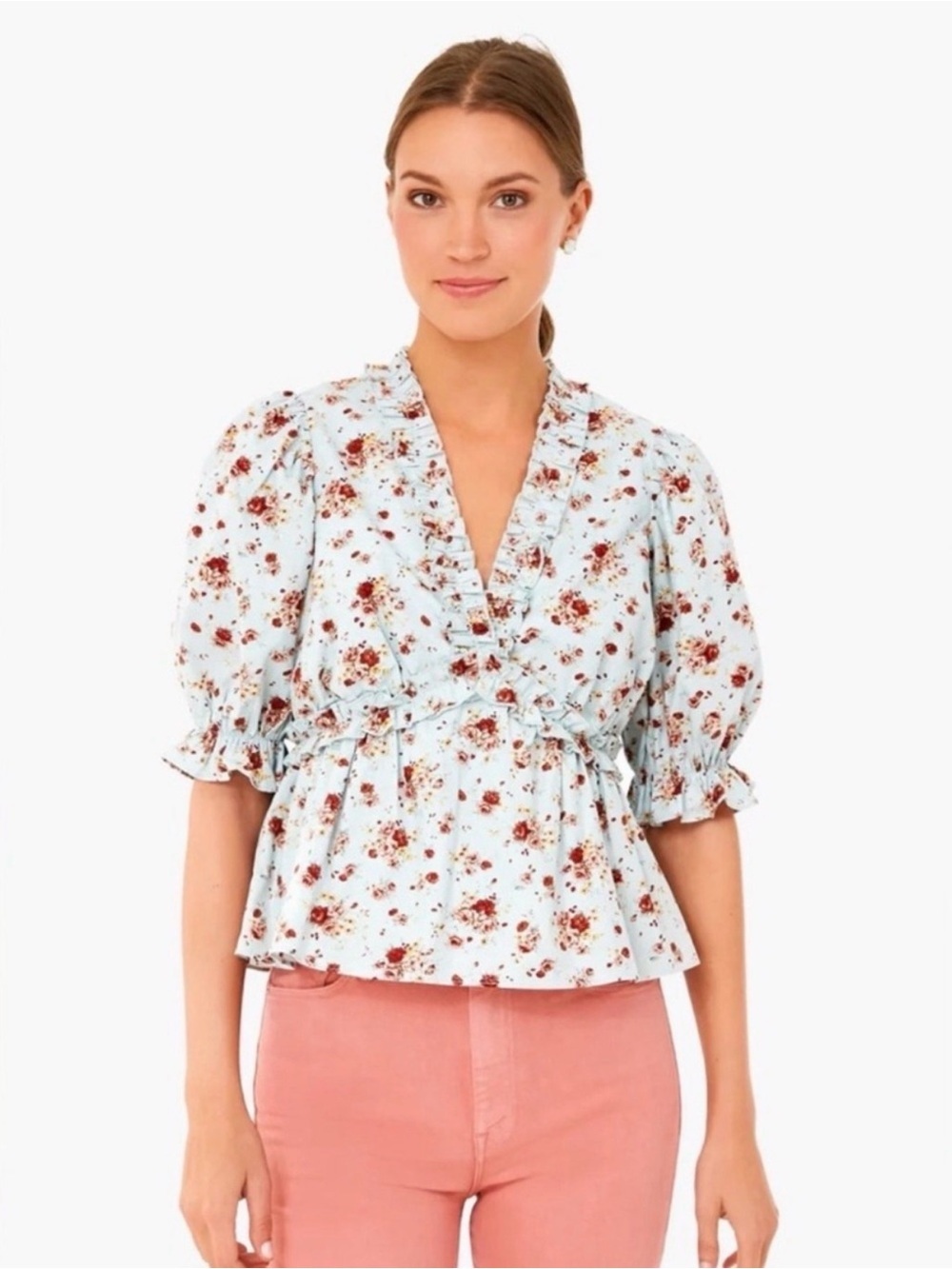 Hyacinth House Rela Floral Cotton Ruffle V-Neck Puff Sleeve Blouse Sz S
